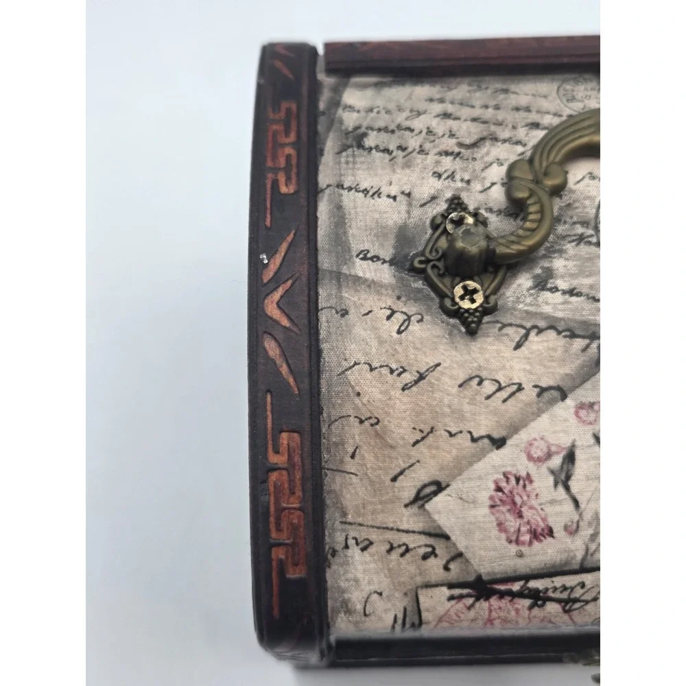 Vintage Wooden Jewelry Box Rose Peony And Script Design Storage box 7''